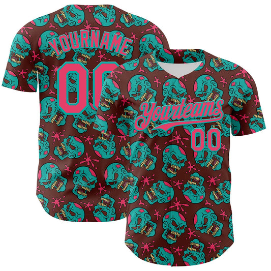 Custom Brown Neon Pink-Aqua 3D Zombie Skull Authentic Baseball Jersey - Sky-Custom