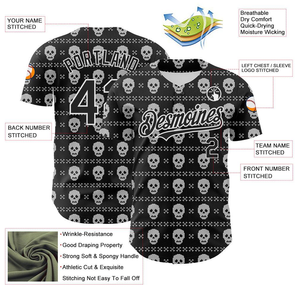 Custom Black White 3D Gothic Skull Authentic Baseball Jersey - Sky-Custom
