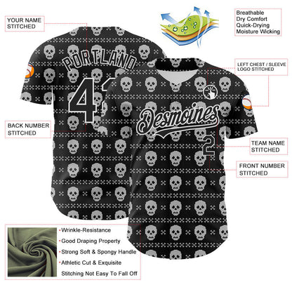Custom Black White 3D Gothic Skull Authentic Baseball Jersey - Sky-Custom