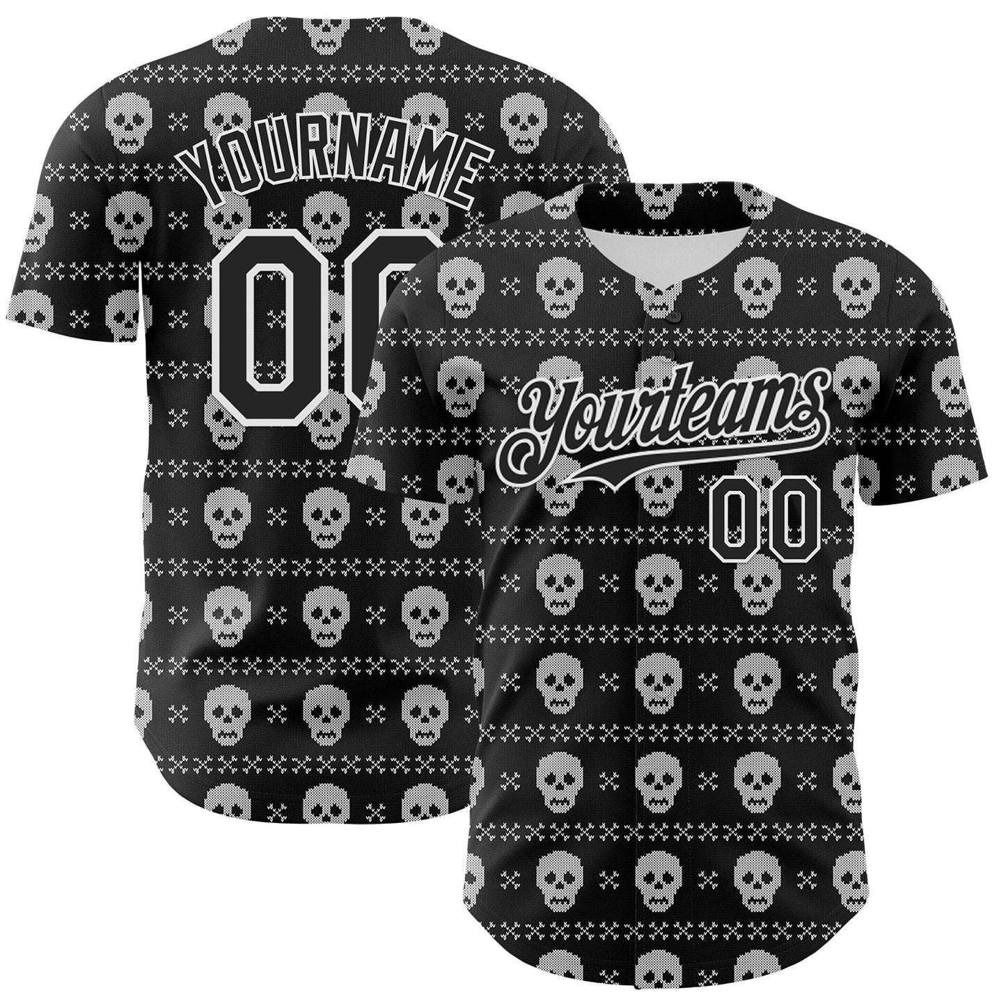 Custom Black White 3D Gothic Skull Authentic Baseball Jersey - Sky-Custom