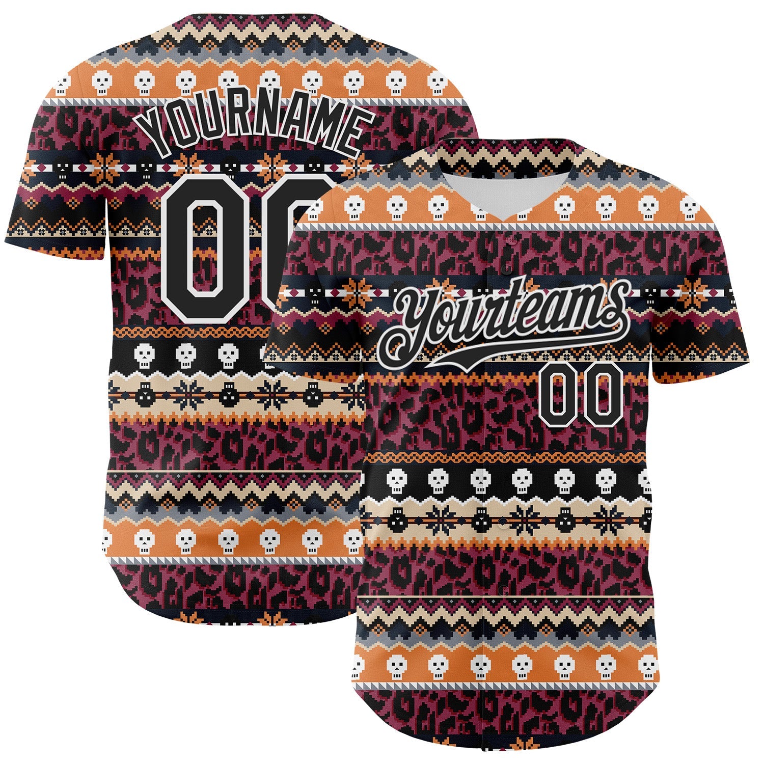 Custom Black White 3D Skull And Leopard Print Authentic Baseball Jersey - Sky-Custom