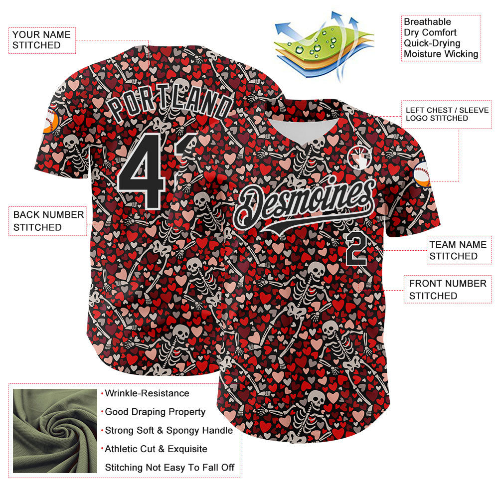 Custom Black White 3D Skeleton And Heart Authentic Baseball Jersey - Sky-Custom