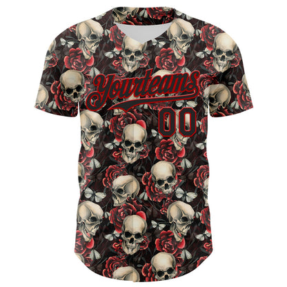 Custom Black Red 3D Skeleton And Flower Authentic Baseball Jersey - Sky-Custom