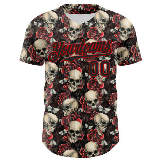 Custom Black Red 3D Skeleton And Flower Authentic Baseball Jersey - Sky-Custom