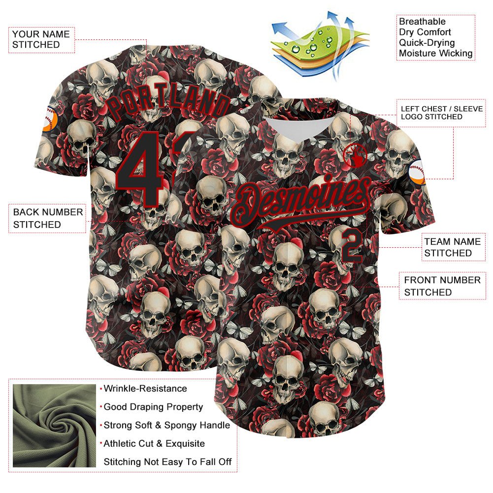 Custom Black Red 3D Skeleton And Flower Authentic Baseball Jersey - Sky-Custom