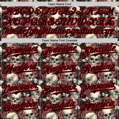 Custom Black Red 3D Skeleton And Flower Authentic Baseball Jersey - Sky-Custom