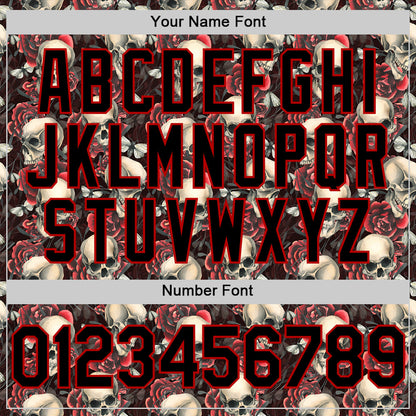 Custom Black Red 3D Skeleton And Flower Authentic Baseball Jersey - Sky-Custom