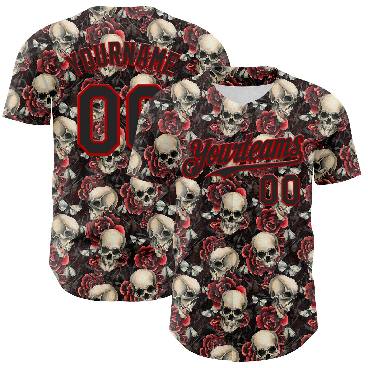 Custom Black Red 3D Skeleton And Flower Authentic Baseball Jersey - Sky-Custom