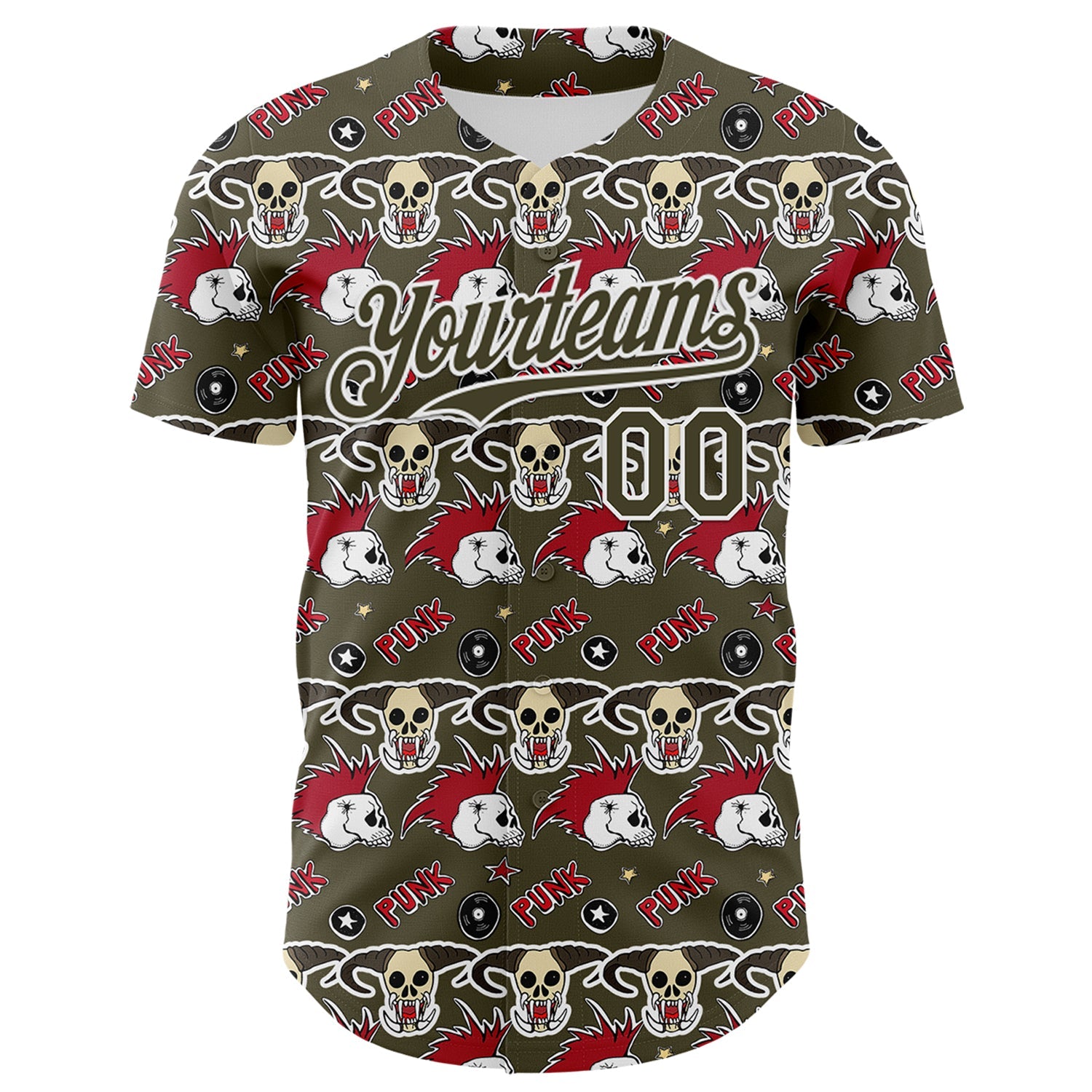 Custom Olive White 3D Punk Rock Skull Authentic Baseball Jersey - Sky-Custom