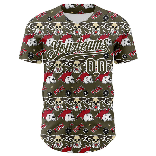 Custom Olive White 3D Punk Rock Skull Authentic Baseball Jersey - Sky-Custom