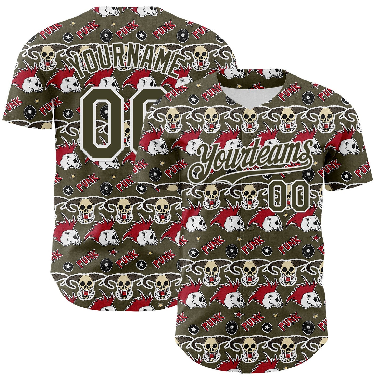 Custom Olive White 3D Punk Rock Skull Authentic Baseball Jersey - Sky-Custom