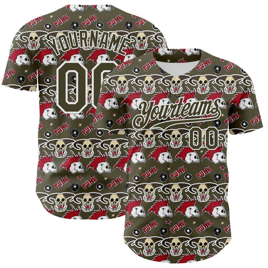 Custom Olive White 3D Punk Rock Skull Authentic Baseball Jersey - Sky-Custom