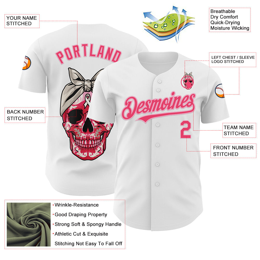 Custom White Neon Pink-Light Pink 3D Pink Ribbon Skull Authentic Baseball Jersey - Sky-Custom