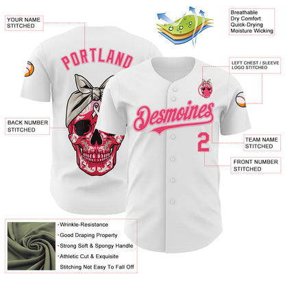 Custom White Neon Pink-Light Pink 3D Pink Ribbon Skull Authentic Baseball Jersey - Sky-Custom