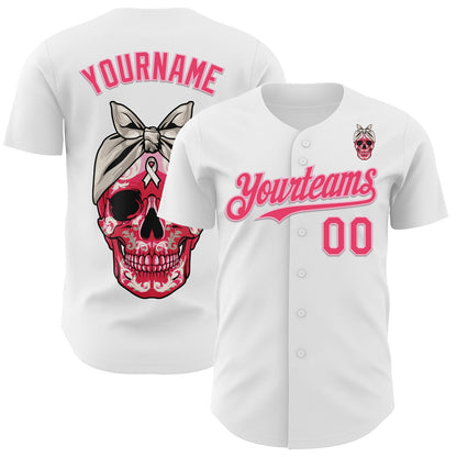Custom White Neon Pink-Light Pink 3D Pink Ribbon Skull Authentic Baseball Jersey - Sky-Custom