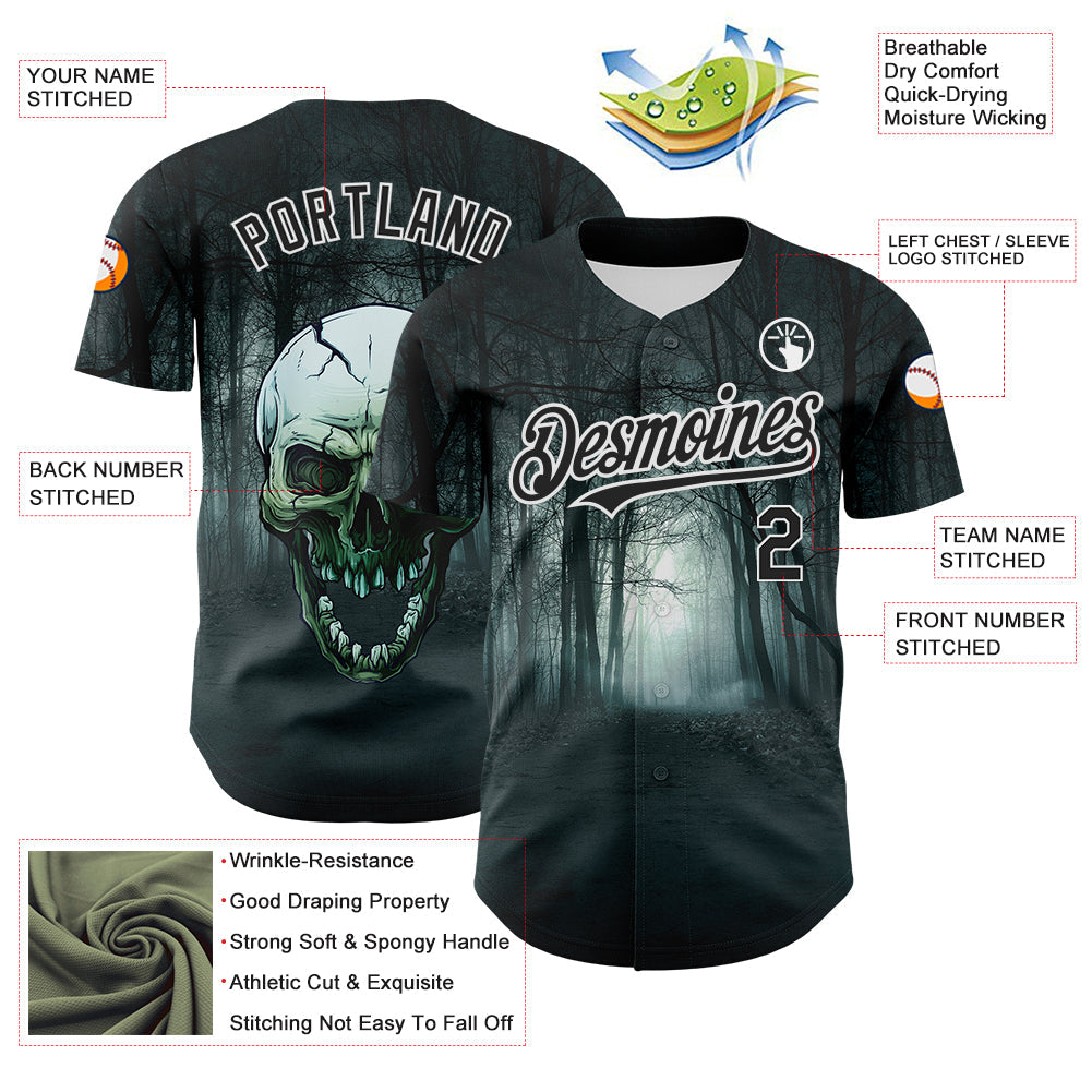 Custom Black White 3D Spooky Skull Authentic Baseball Jersey - Sky-Custom
