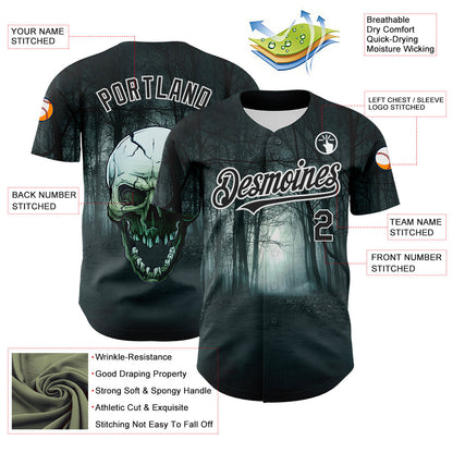 Custom Black White 3D Spooky Skull Authentic Baseball Jersey - Sky-Custom