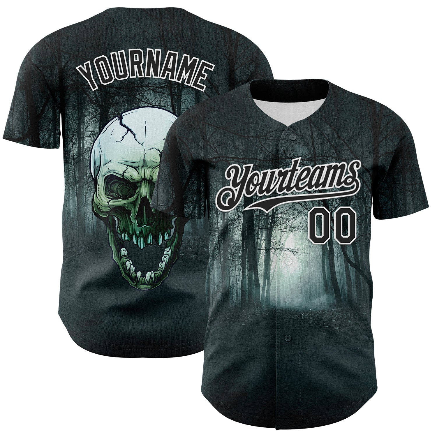 Custom Black White 3D Spooky Skull Authentic Baseball Jersey - Sky-Custom