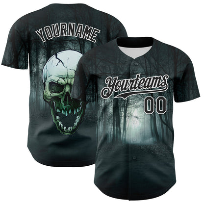 Custom Black White 3D Spooky Skull Authentic Baseball Jersey - Sky-Custom