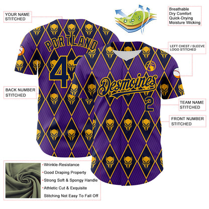Custom Purple Navy-Gold 3D Skull Authentic Baseball Jersey - Sky-Custom