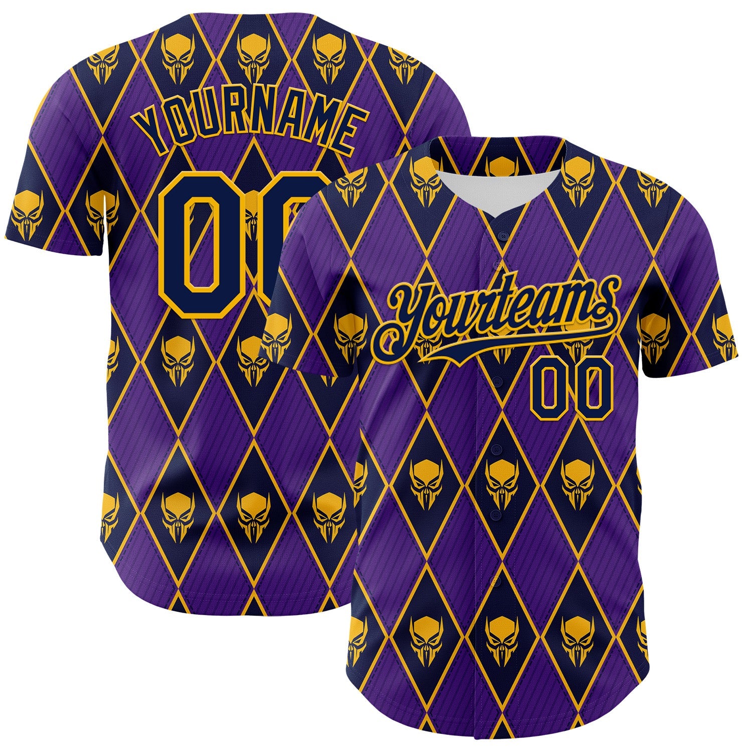 Custom Purple Navy-Gold 3D Skull Authentic Baseball Jersey - Sky-Custom