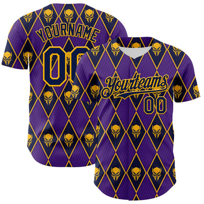 Custom Purple Navy-Gold 3D Skull Authentic Baseball Jersey - Sky-Custom