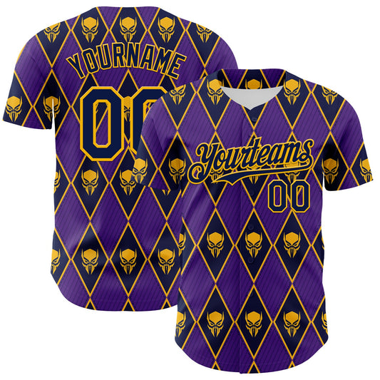 Custom Purple Navy-Gold 3D Skull Authentic Baseball Jersey - Sky-Custom