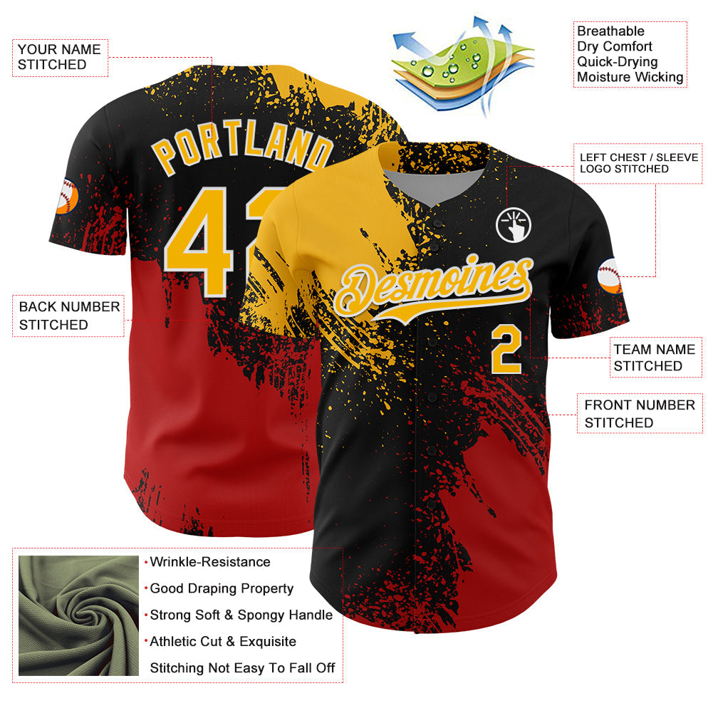 Custom Gold Black-Red 3D Pattern Design Abstract Brush Stroke Authentic Baseball Jersey - Sky-Custom