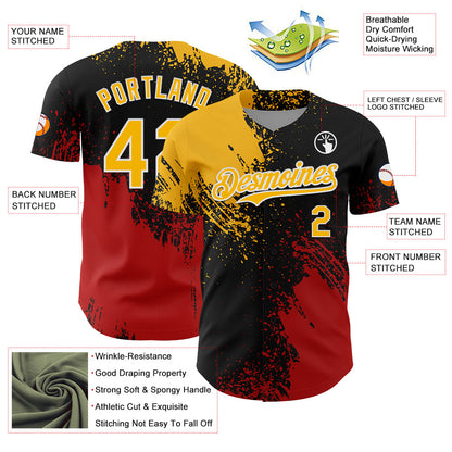 Custom Gold Black-Red 3D Pattern Design Abstract Brush Stroke Authentic Baseball Jersey - Sky-Custom
