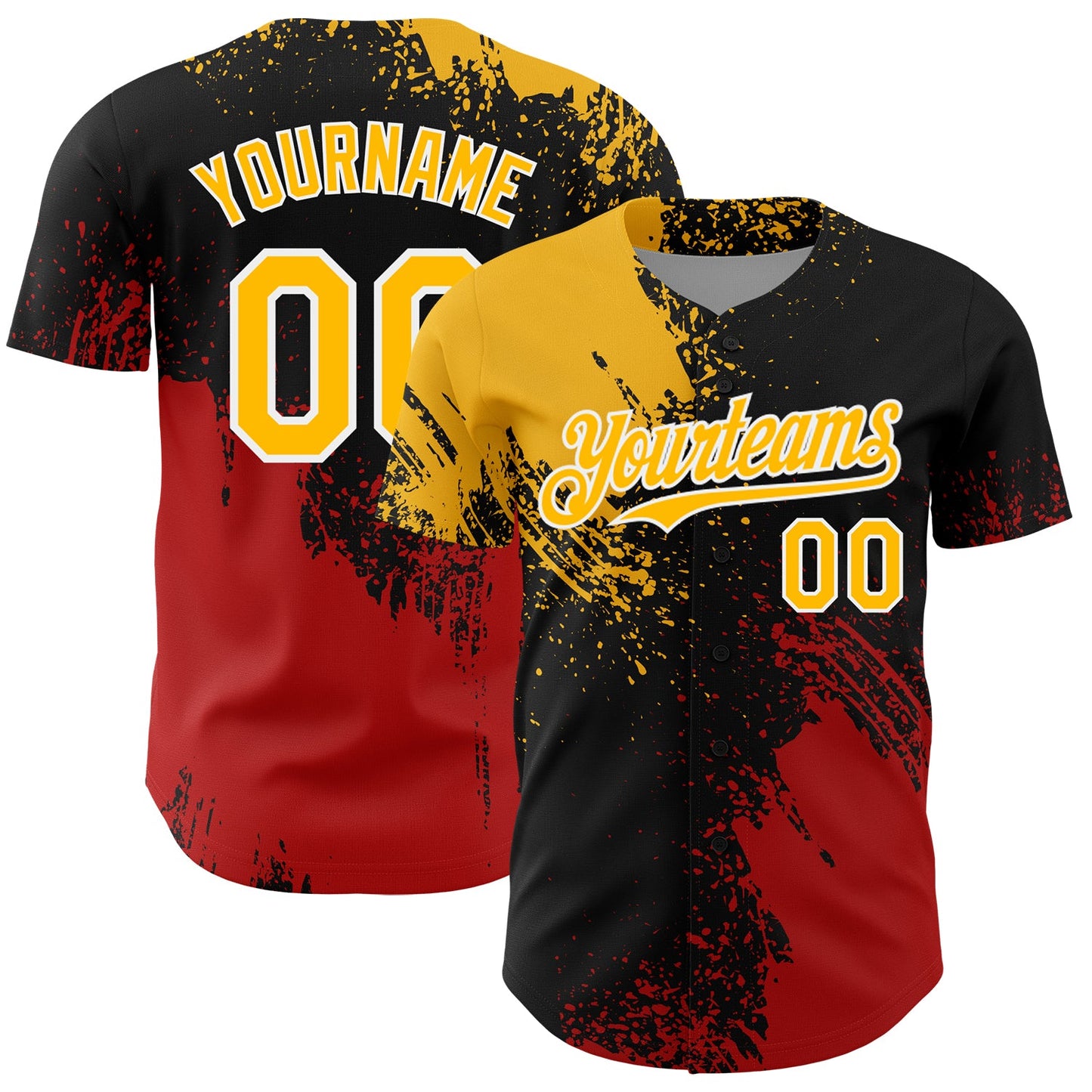 Custom Gold Black-Red 3D Pattern Design Abstract Brush Stroke Authentic Baseball Jersey - Sky-Custom