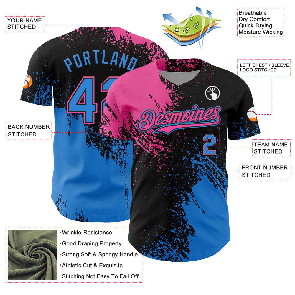 Custom Pink Electric Blue-Black 3D Pattern Design Abstract Brush Stroke Authentic Baseball Jersey - Sky-Custom