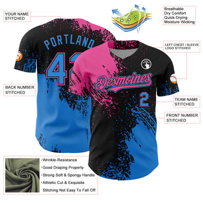 Custom Pink Electric Blue-Black 3D Pattern Design Abstract Brush Stroke Authentic Baseball Jersey - Sky-Custom