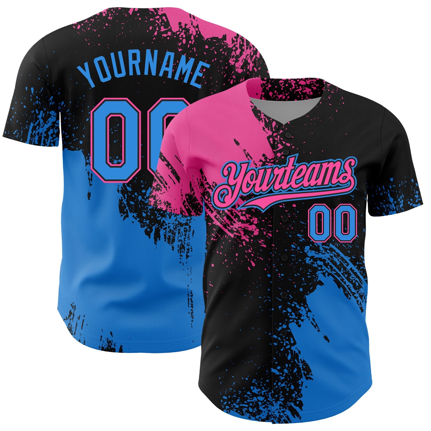 Custom Pink Electric Blue-Black 3D Pattern Design Abstract Brush Stroke Authentic Baseball Jersey - Sky-Custom