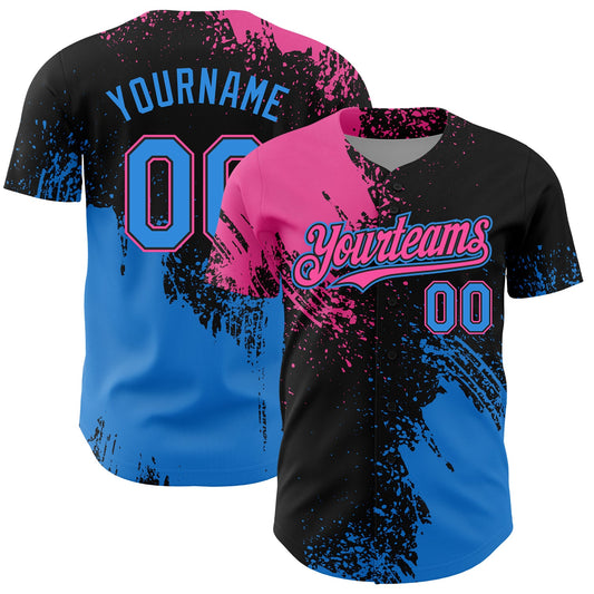 Custom Pink Electric Blue-Black 3D Pattern Design Abstract Brush Stroke Authentic Baseball Jersey - Sky-Custom