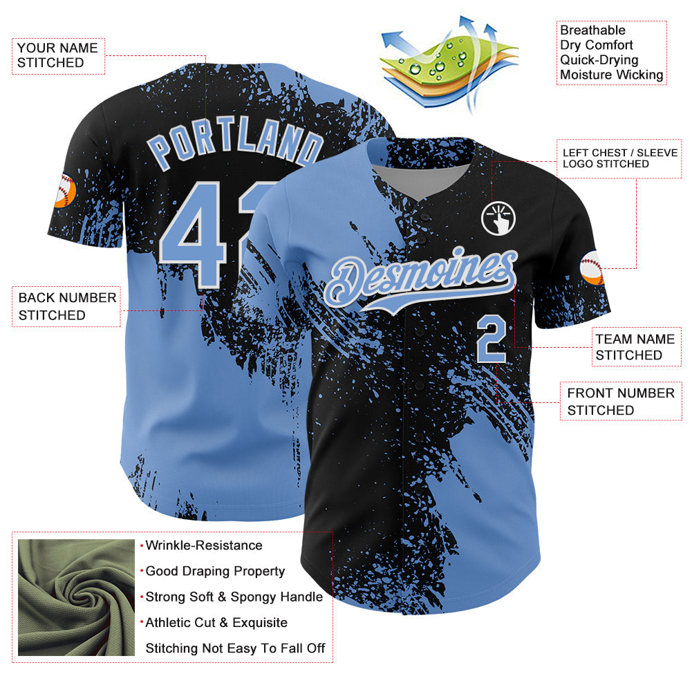 Custom Light Blue Black-White 3D Pattern Design Abstract Brush Stroke Authentic Baseball Jersey - Sky-Custom