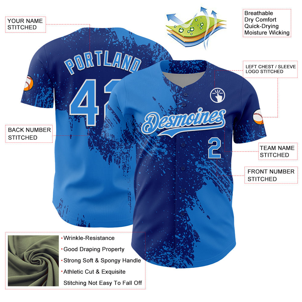Custom Electric Blue Royal-White 3D Pattern Design Abstract Brush Stroke Authentic Baseball Jersey - Sky-Custom