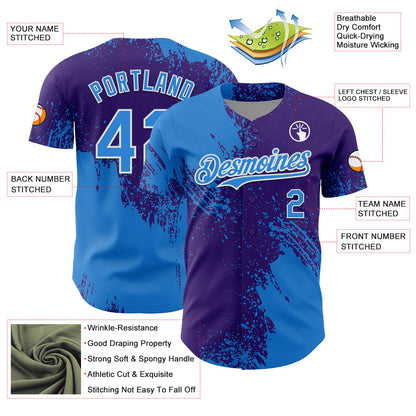 Custom Electric Blue Purple-White 3D Pattern Design Abstract Brush Stroke Authentic Baseball Jersey - Sky-Custom