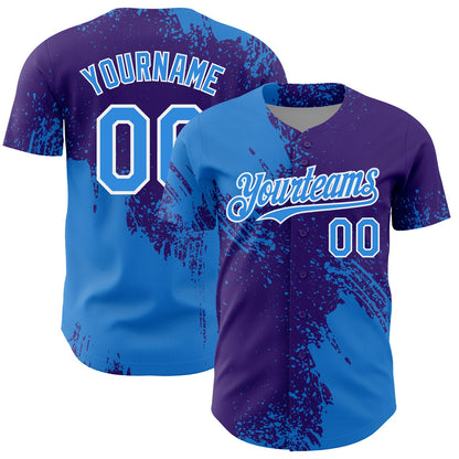 Custom Electric Blue Purple-White 3D Pattern Design Abstract Brush Stroke Authentic Baseball Jersey - Sky-Custom
