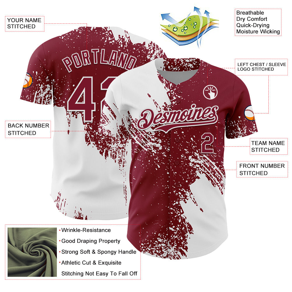 Custom White Crimson 3D Pattern Design Abstract Brush Stroke Authentic Baseball Jersey - Sky-Custom