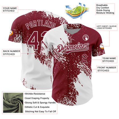 Custom White Crimson 3D Pattern Design Abstract Brush Stroke Authentic Baseball Jersey - Sky-Custom