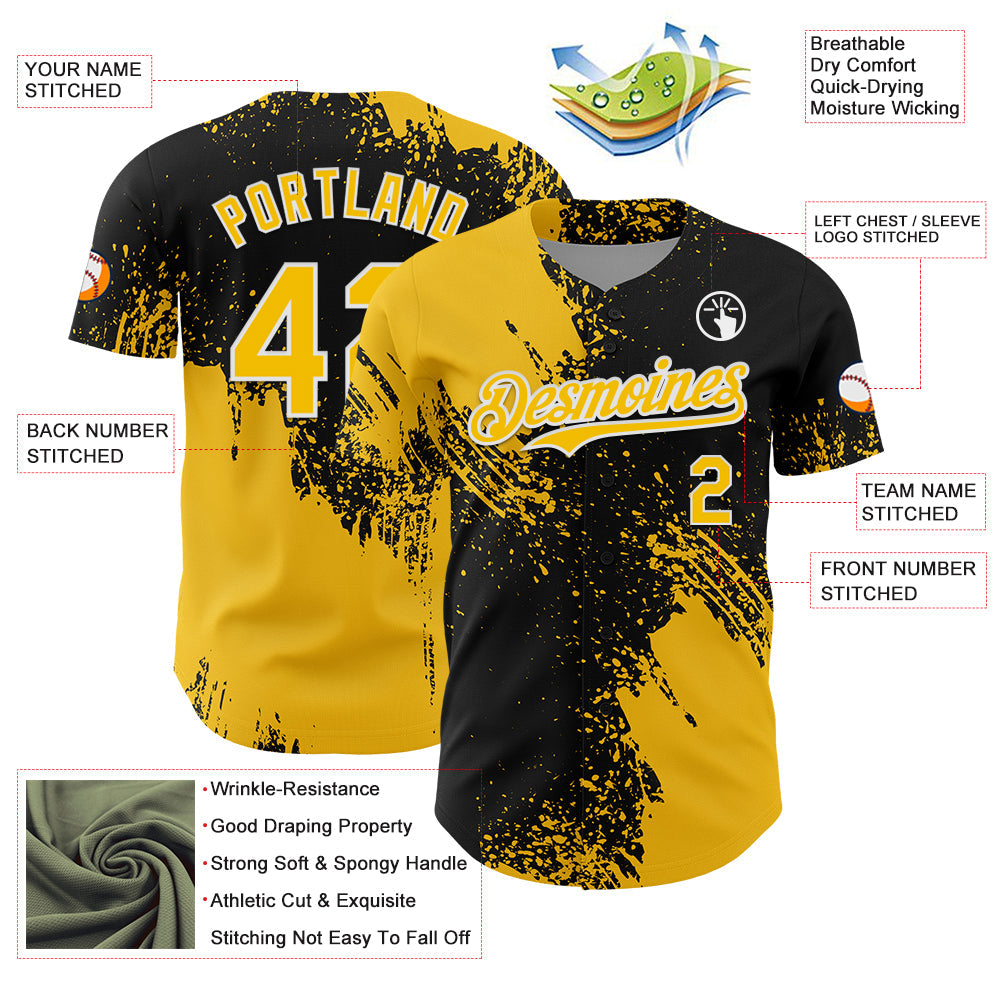 Custom Yellow Black-White 3D Pattern Design Abstract Brush Stroke Authentic Baseball Jersey - Sky-Custom
