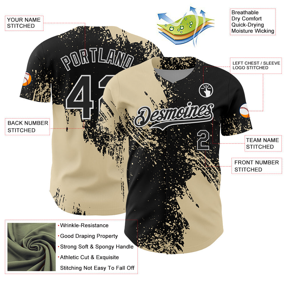 Custom Cream Black-White 3D Pattern Design Abstract Brush Stroke Authentic Baseball Jersey - Sky-Custom