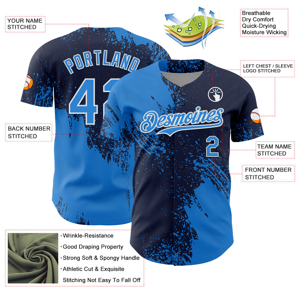 Custom Electric Blue Navy-White 3D Pattern Design Abstract Brush Stroke Authentic Baseball Jersey - Sky-Custom