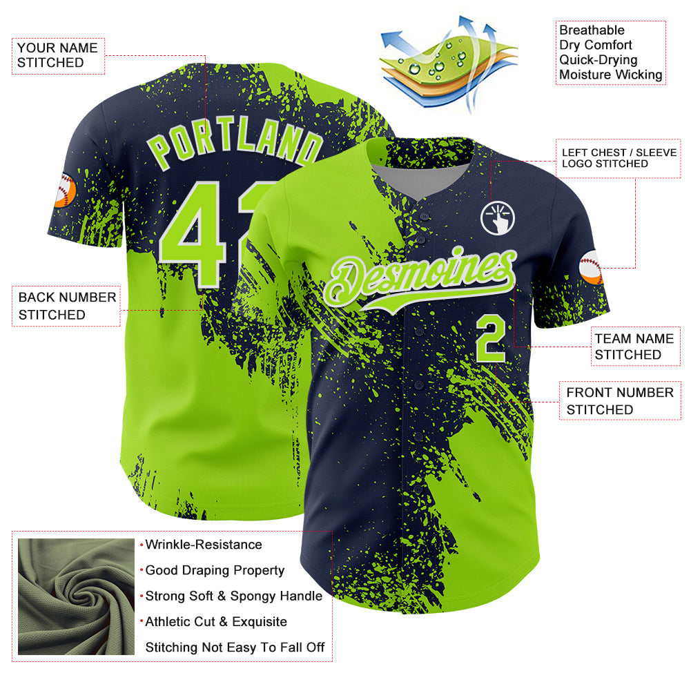 Custom Neon Green Navy-White 3D Pattern Design Abstract Brush Stroke Authentic Baseball Jersey - Sky-Custom