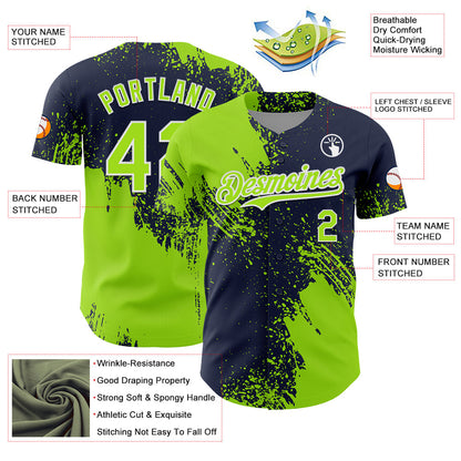 Custom Neon Green Navy-White 3D Pattern Design Abstract Brush Stroke Authentic Baseball Jersey - Sky-Custom