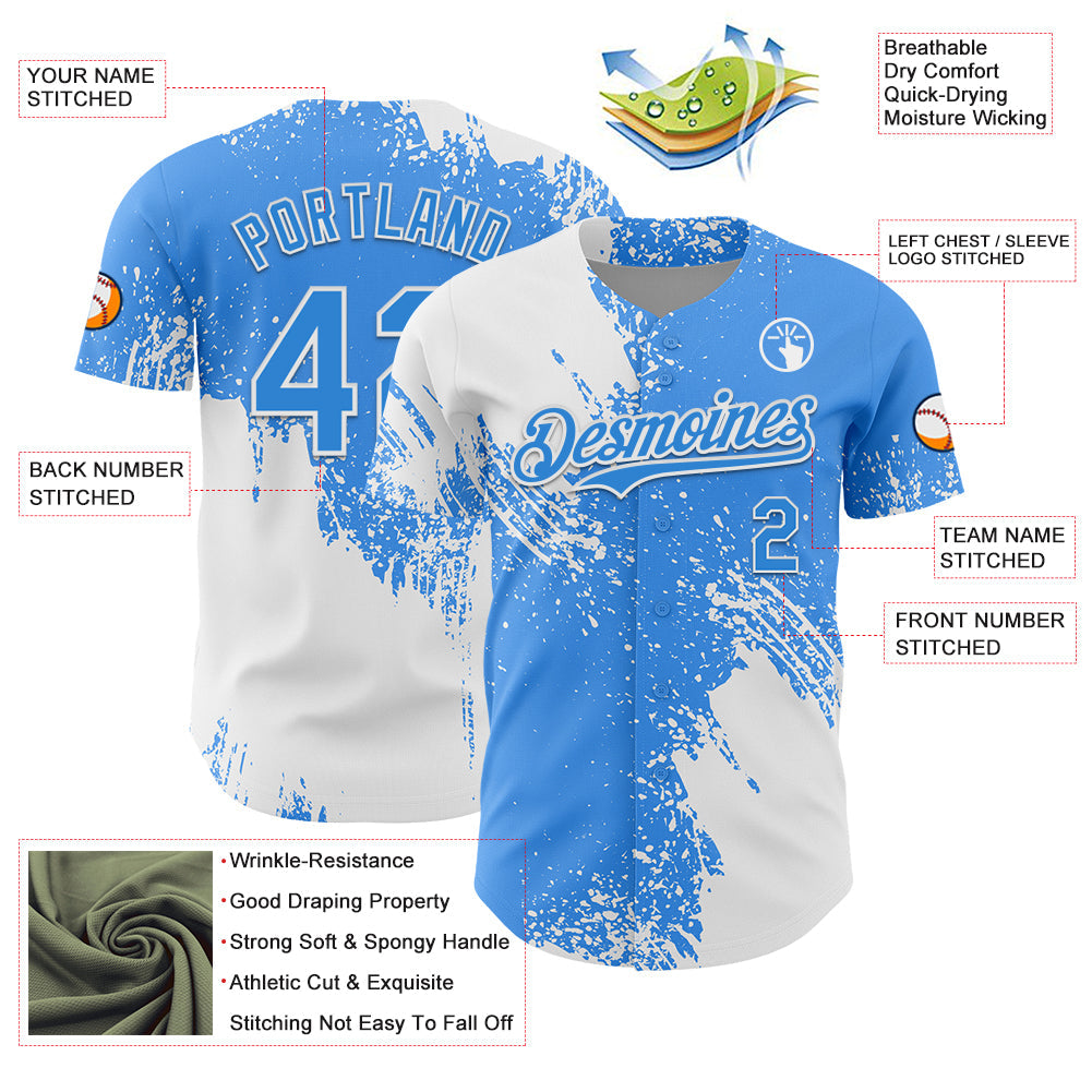 Custom White Electric Blue 3D Pattern Design Abstract Brush Stroke Authentic Baseball Jersey - Sky-Custom