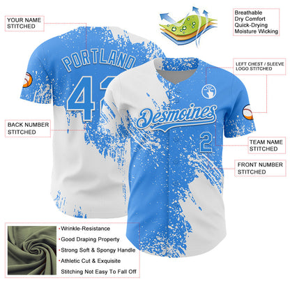 Custom White Electric Blue 3D Pattern Design Abstract Brush Stroke Authentic Baseball Jersey - Sky-Custom