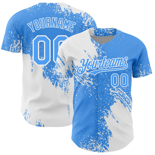 Custom White Electric Blue 3D Pattern Design Abstract Brush Stroke Authentic Baseball Jersey - Sky-Custom