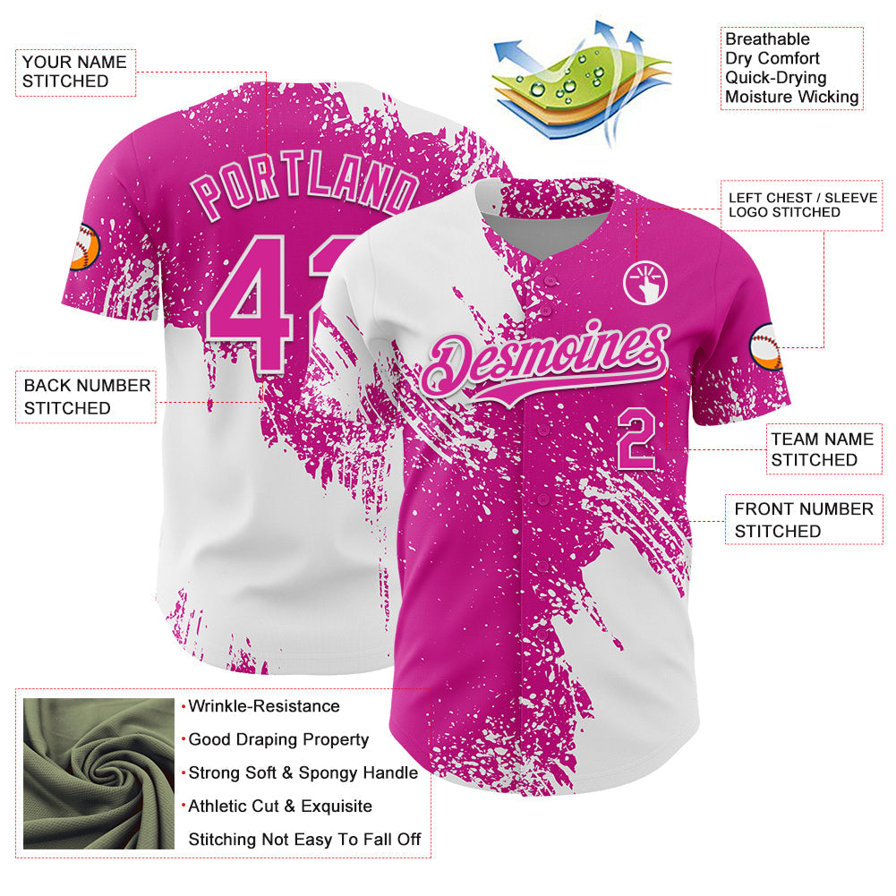 Custom White Deep Pink 3D Pattern Design Abstract Brush Stroke Authentic Baseball Jersey - Sky-Custom