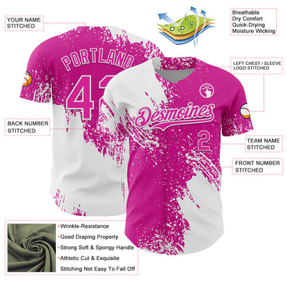 Custom White Deep Pink 3D Pattern Design Abstract Brush Stroke Authentic Baseball Jersey - Sky-Custom